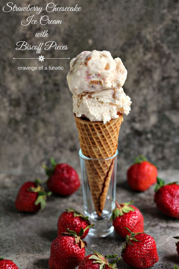 Strawberry Cheesecake Ice Cream with Biscoff Bites served in waffle cone 