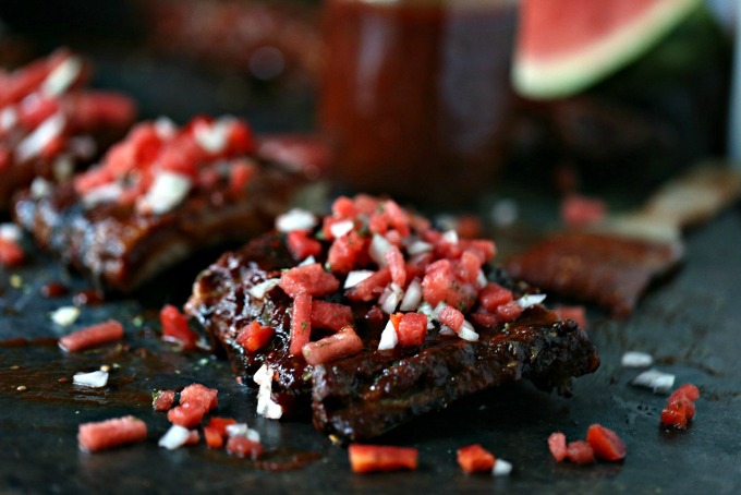 Grilled Ribs brushed with Watermelon BBQ Sauce and topped with extra watermelon salsa for added fun and flavour!