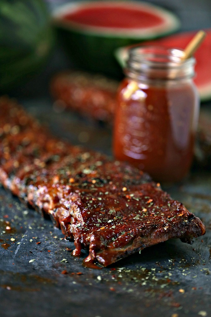 Grilled Ribs slathered with Watermelon Barbecue Sauce. 