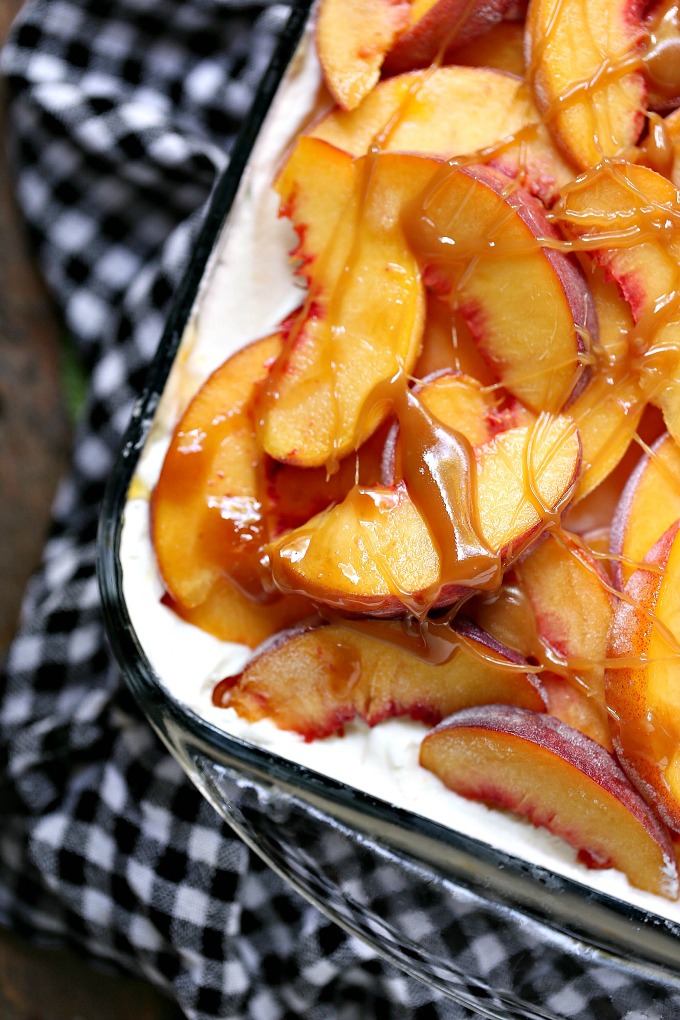 Close up of a delicious Peach Icebox Cake with Easy Caramel Sauce. 