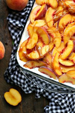 Peach Icebox Cake served in a glass baking dish.