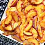 Close up image of Peach Icebox Cake with Easy Caramel Sauce.