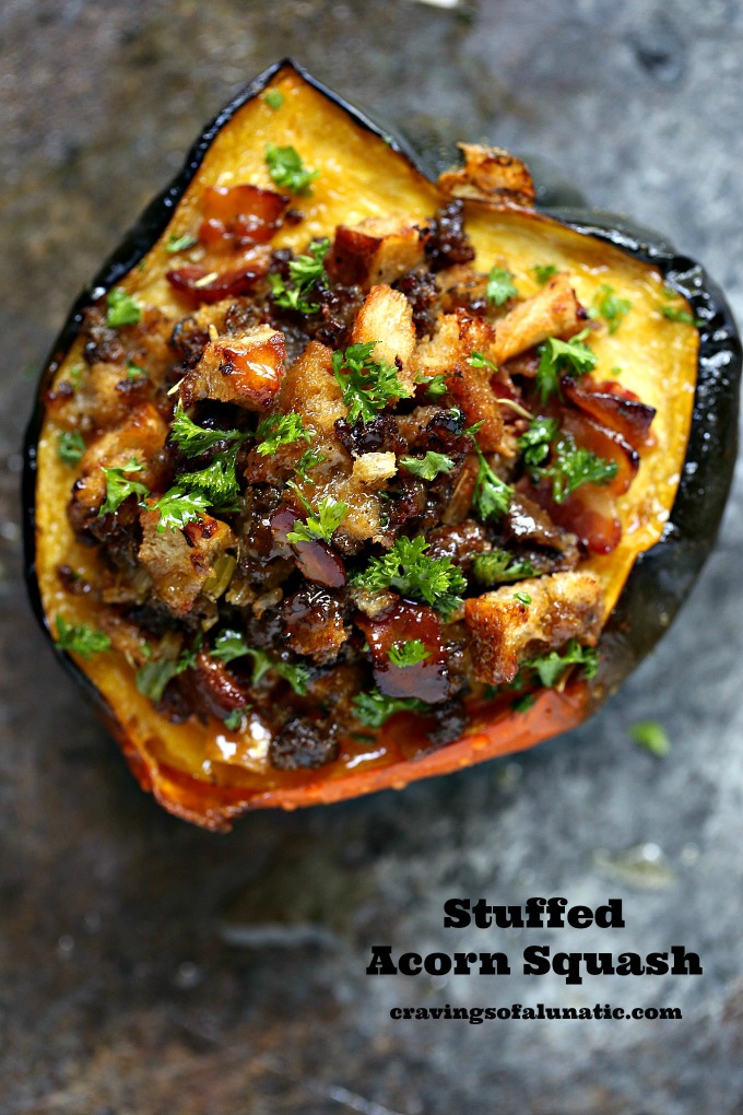 Stuffed Acorn Squash Recipe baked to perfection and stuffed with filling made from bacon, Italian sausage, bread crumbs, spice and just a hint of honey!