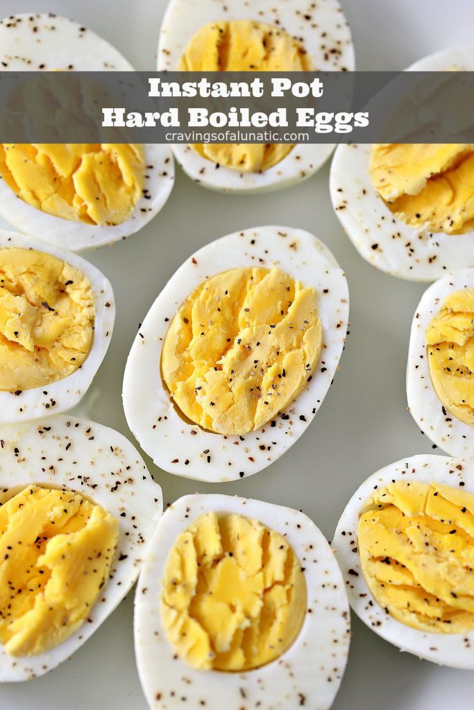 Overhead image of hard boiled eggs cooked in an instant pot, eggs are sprinkled with salt and pepper and are sitting on a white plate. 
