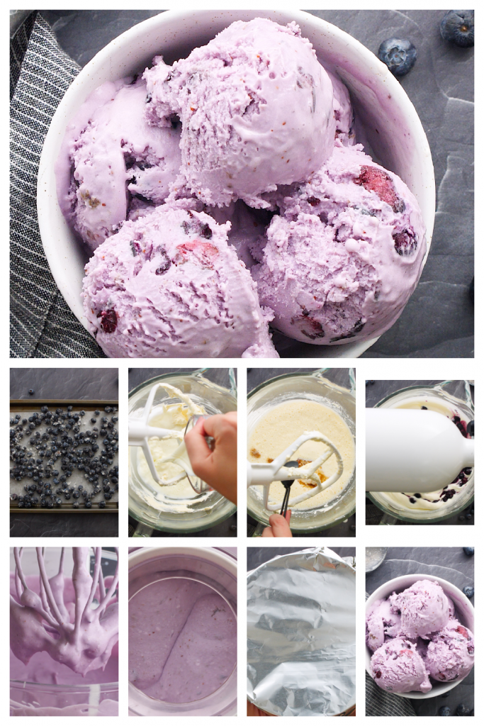 Roasted blueberry cheesecake ice cream step by step collage image showing how to roast the blueberries and mix the ice cream