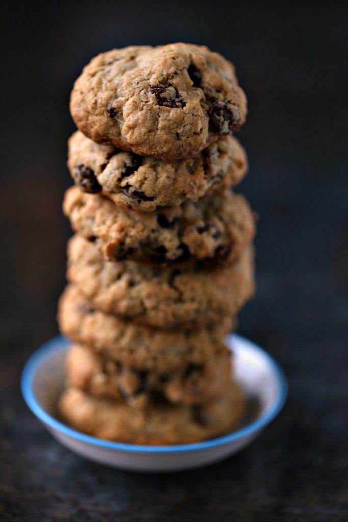 Oatmeal Raisin Cookies stacked high.