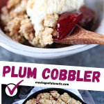 Plum cobbler cooked in a cast iron skillet and served with ice cream in a bowl