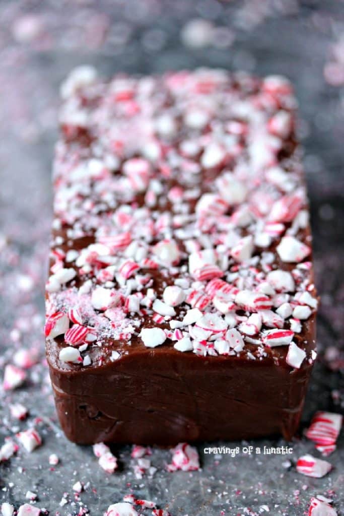 A slab of chocolate fudge topped with chopped peppermints.