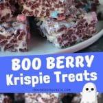 Collage image featuring two photos of boo berry krispie treats.