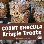 Collage image featuring two photos of Count Chocula krispies on a dark counter.