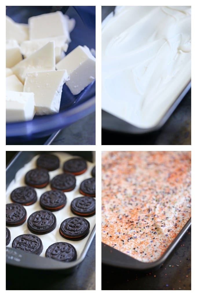 4 images in a collage showing the steps to make oreo bark